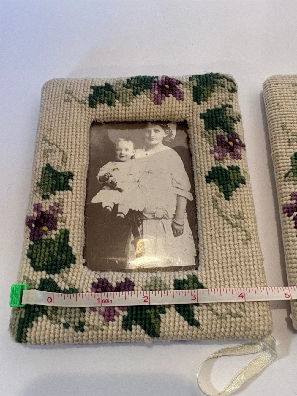 Vintage Handmade Floral Needlepoint Picture Frames - Pair of 2